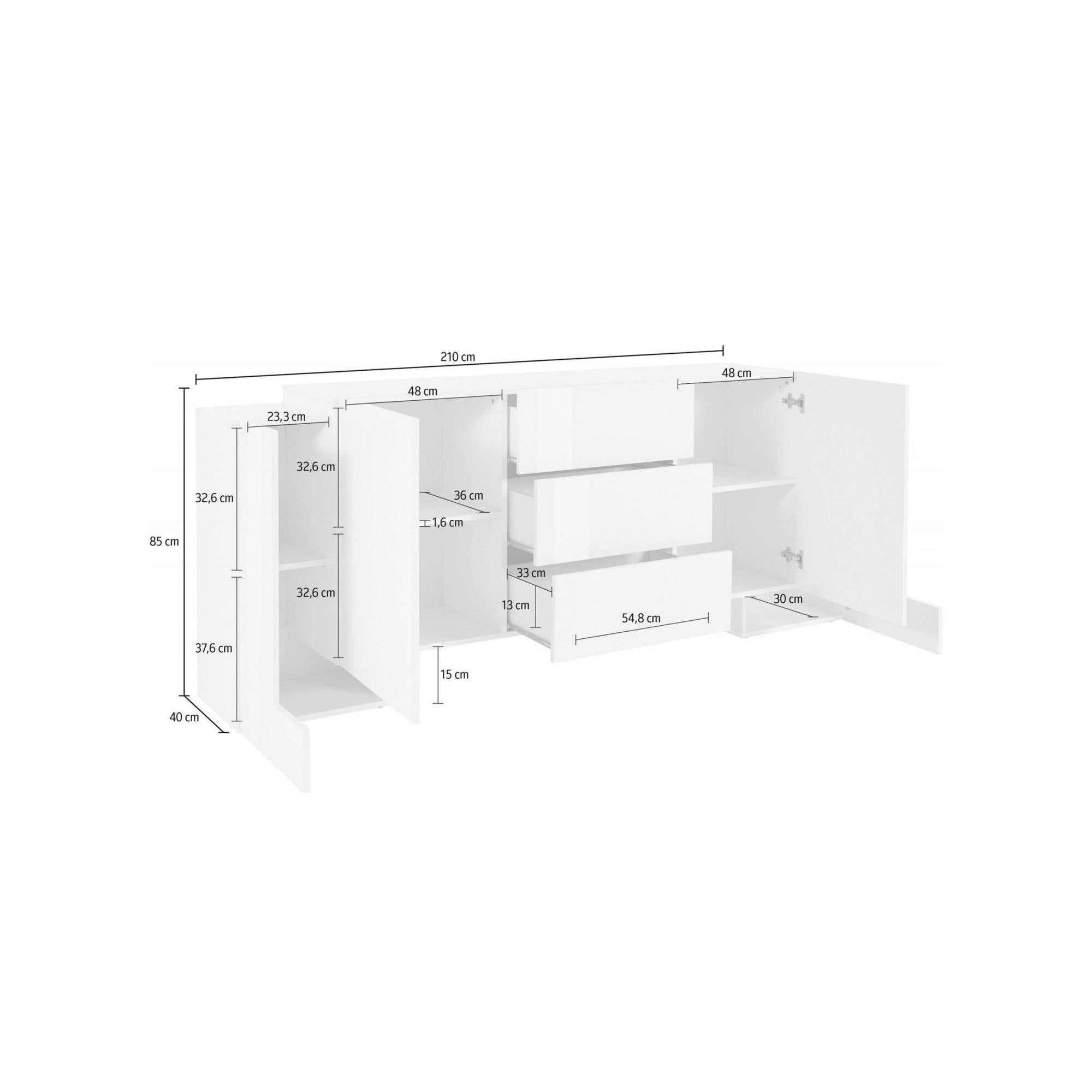Credenza moderna a 2 ante e 3 Alchemy, Made in Italy, Madia da cucina, Buffet di design da soggiorno, cm 210x45h85, Bianco lucido e Acero