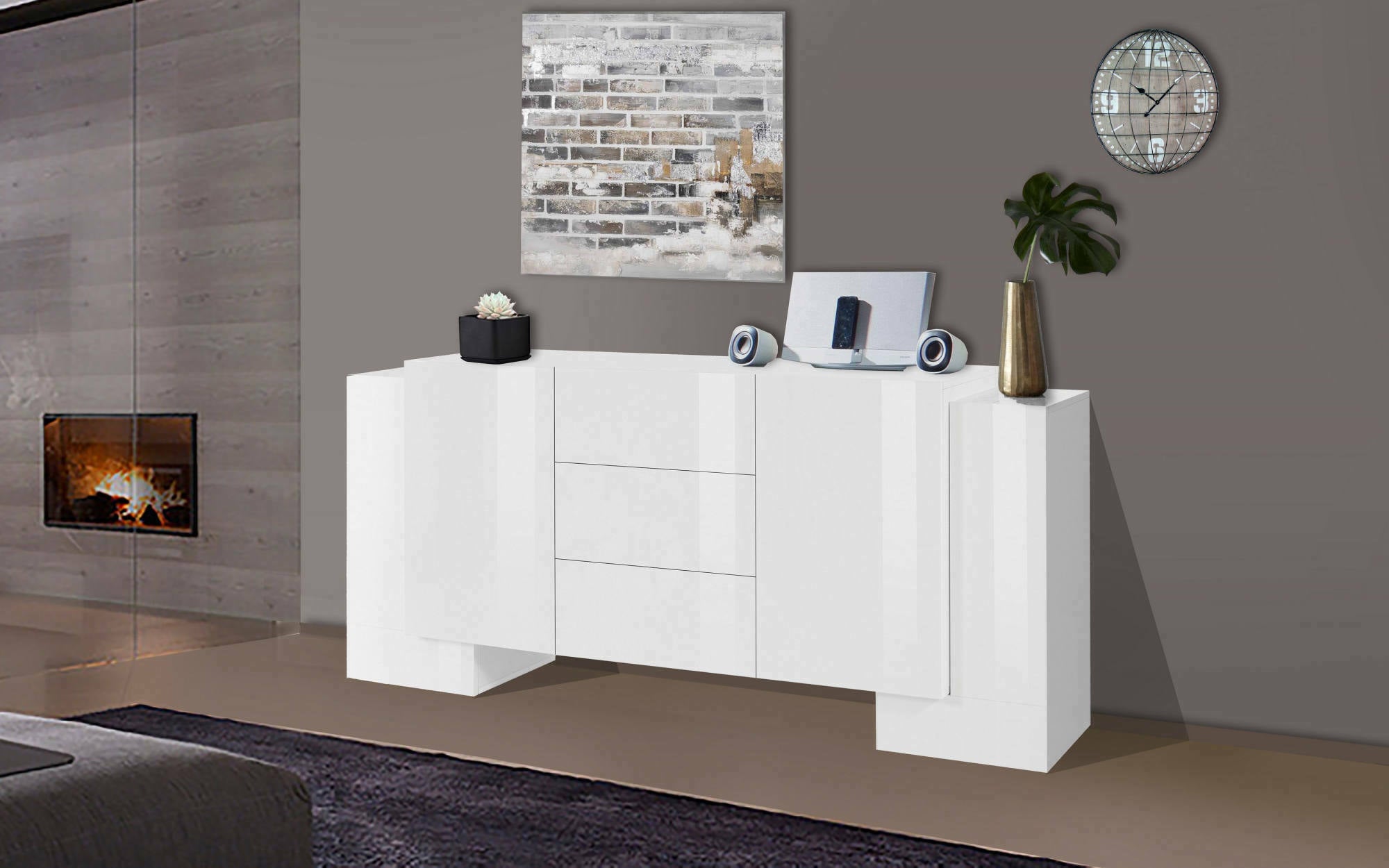 Credenza moderna a 2 ante e 3 Alchemy, Made in Italy, Madia da cucina, Buffet di design da soggiorno, cm 210x45h85, Bianco lucido