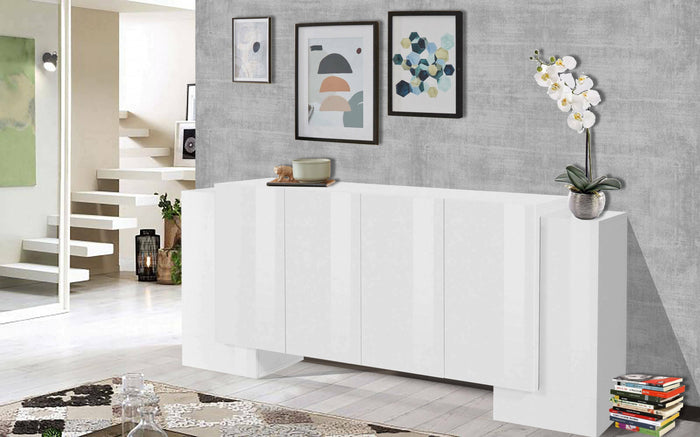 Credenza moderna a 6 Hades, Made in Italy, Madia da cucina, Buffet di design da soggiorno, cm 210x45h85, Bianco lucido