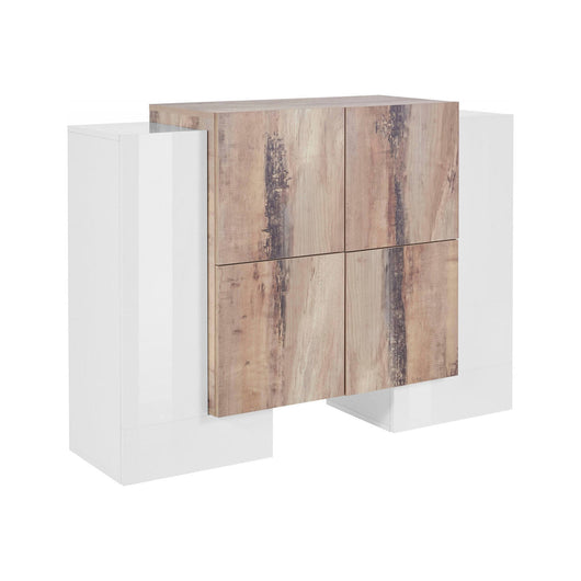 Credenza moderna di design a 6 Age, Made in Italy, Buffet da cucina, Madia con scaffali da cucina, cm 130x45h100, Bianco lucido e Acero