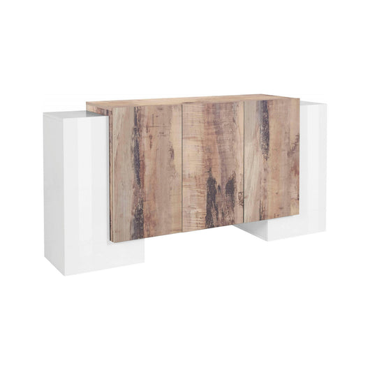 Credenza moderna a 5 Arek, Made in Italy, Madia da cucina, Buffet di design da soggiorno, cm 170x45h85, Bianco lucido e Acero