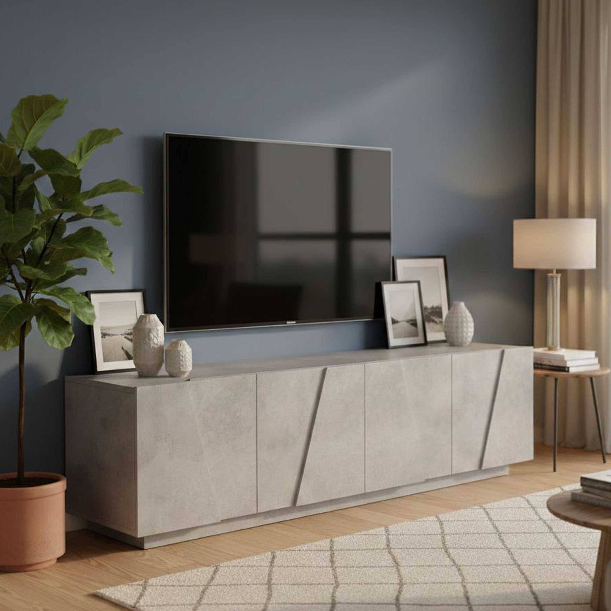 Mobile da soggiorno Porta Acix, Made in Italy, Credenza per Acix da salotto a 4 ante con dettaglio, cm 162x44h46, Grigio Cemento