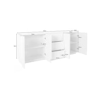 Credenza moderna a 4 ante e 3 Zeus, Made in Italy, Madia da cucina con dettaglio, Buffet di design da soggiorno, cm 224x44h86, Bianco lucido