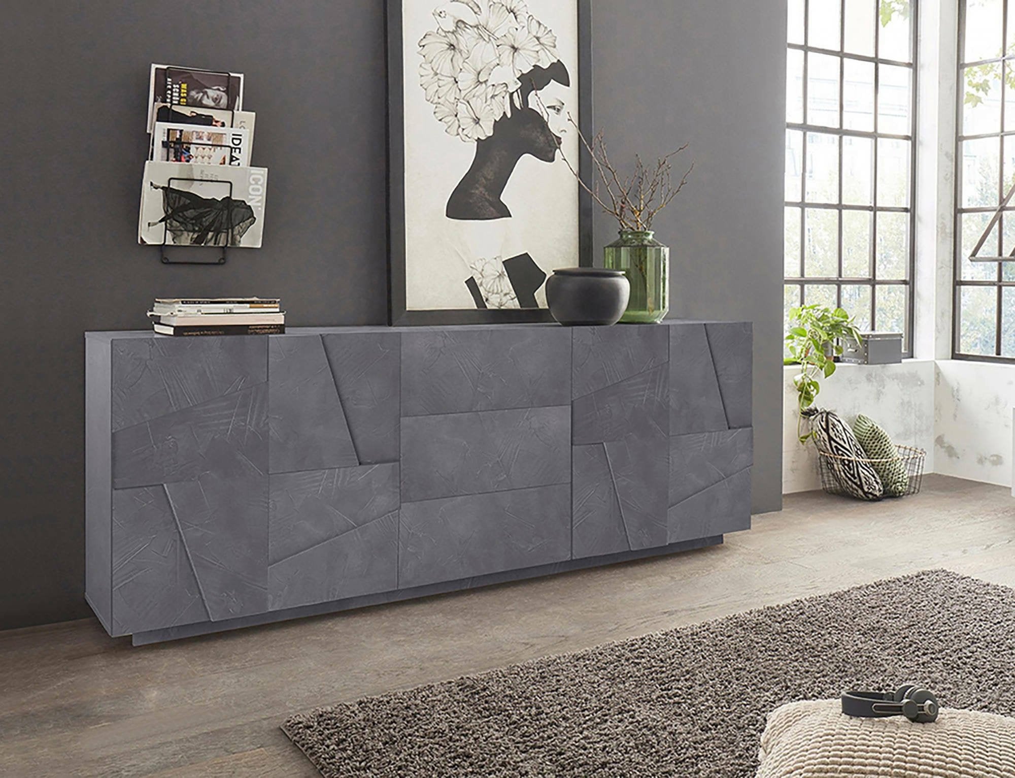 Credenza moderna a 4 ante e 3 Zeus, Made in Italy, Madia da cucina, Buffet di design da soggiorno, cm 224x44h86, colore Grigio Ardesia