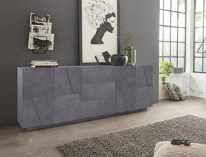 Credenza moderna a 4 ante e 3 Zeus, Made in Italy, Madia da cucina, Buffet di design da soggiorno, cm 224x44h86, colore Grigio Ardesia