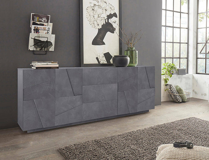 Credenza moderna a 4 ante e 3 Zeus, Made in Italy, Madia da cucina, Buffet di design da soggiorno, cm 224x44h86, colore Grigio Ardesia