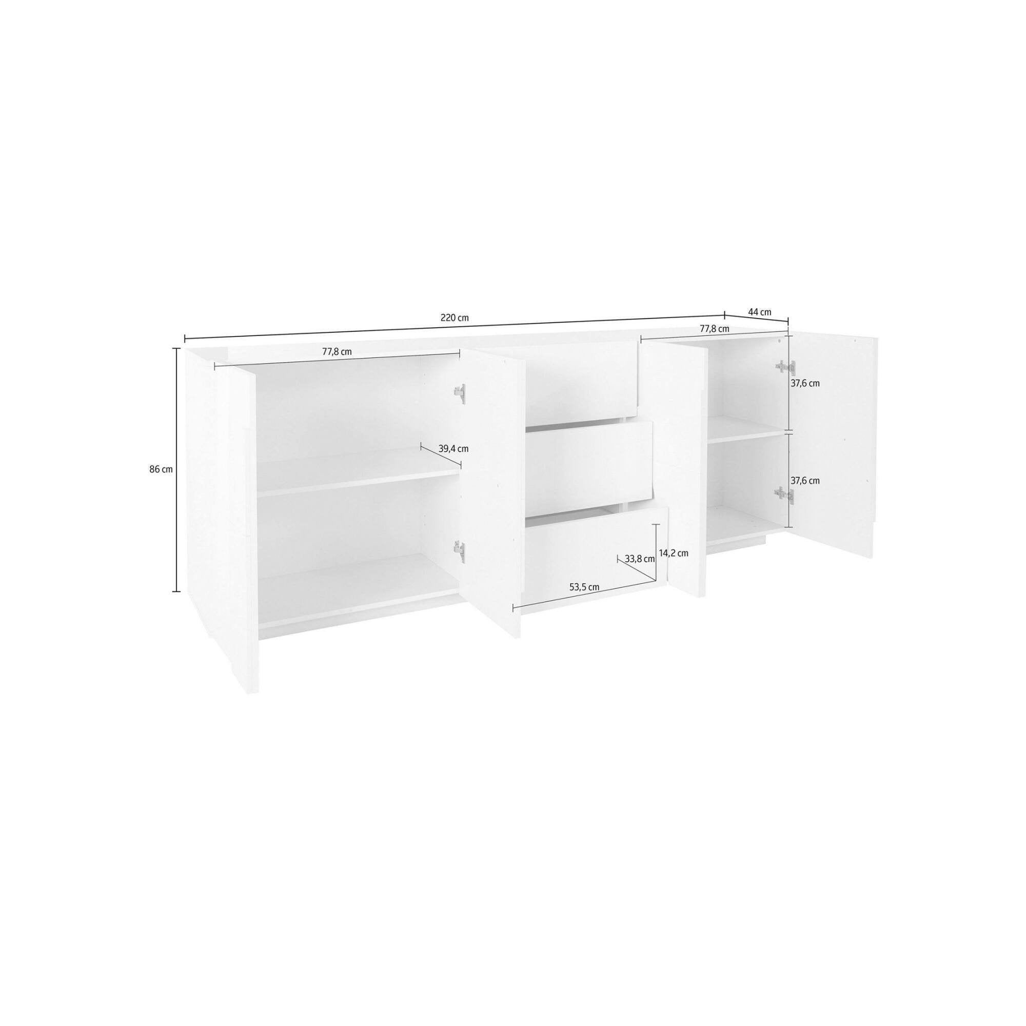 Credenza moderna a 4 ante e 3 Zeus, Made in Italy, Madia da cucina, Buffet di design da soggiorno, cm 224x44h86, colore Grigio Ardesia