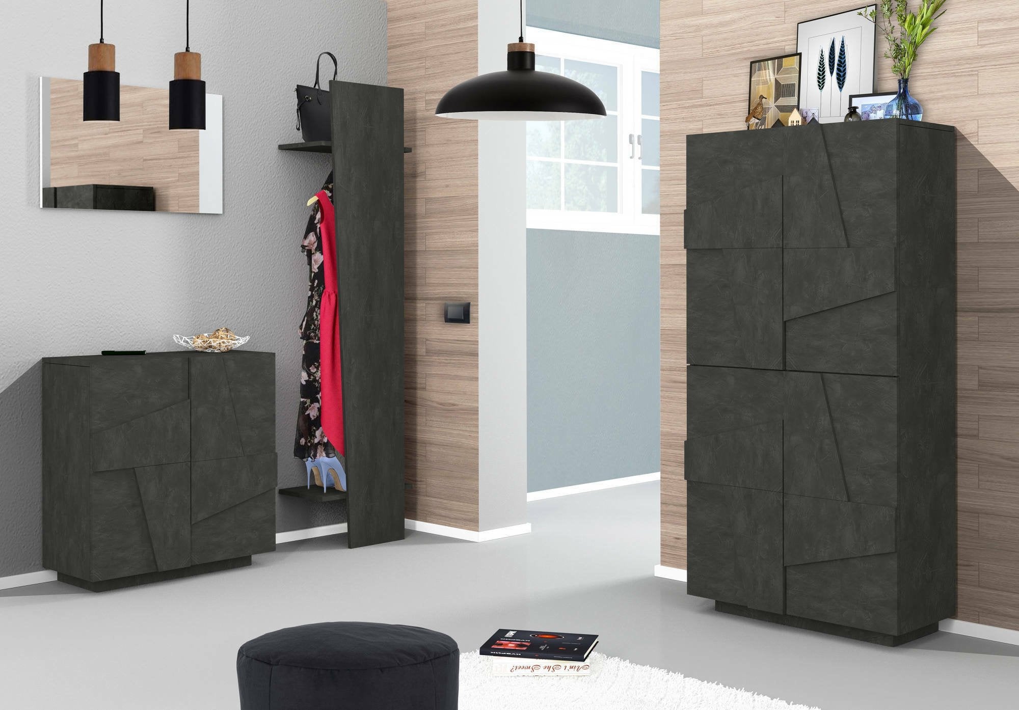 Appendiabiti Allinko, Made in Italy, con tubo per vestiti, due ripiani, Mobile per ingresso, Entratina moderna, cm 50x30h200, colore Grigio Cenere