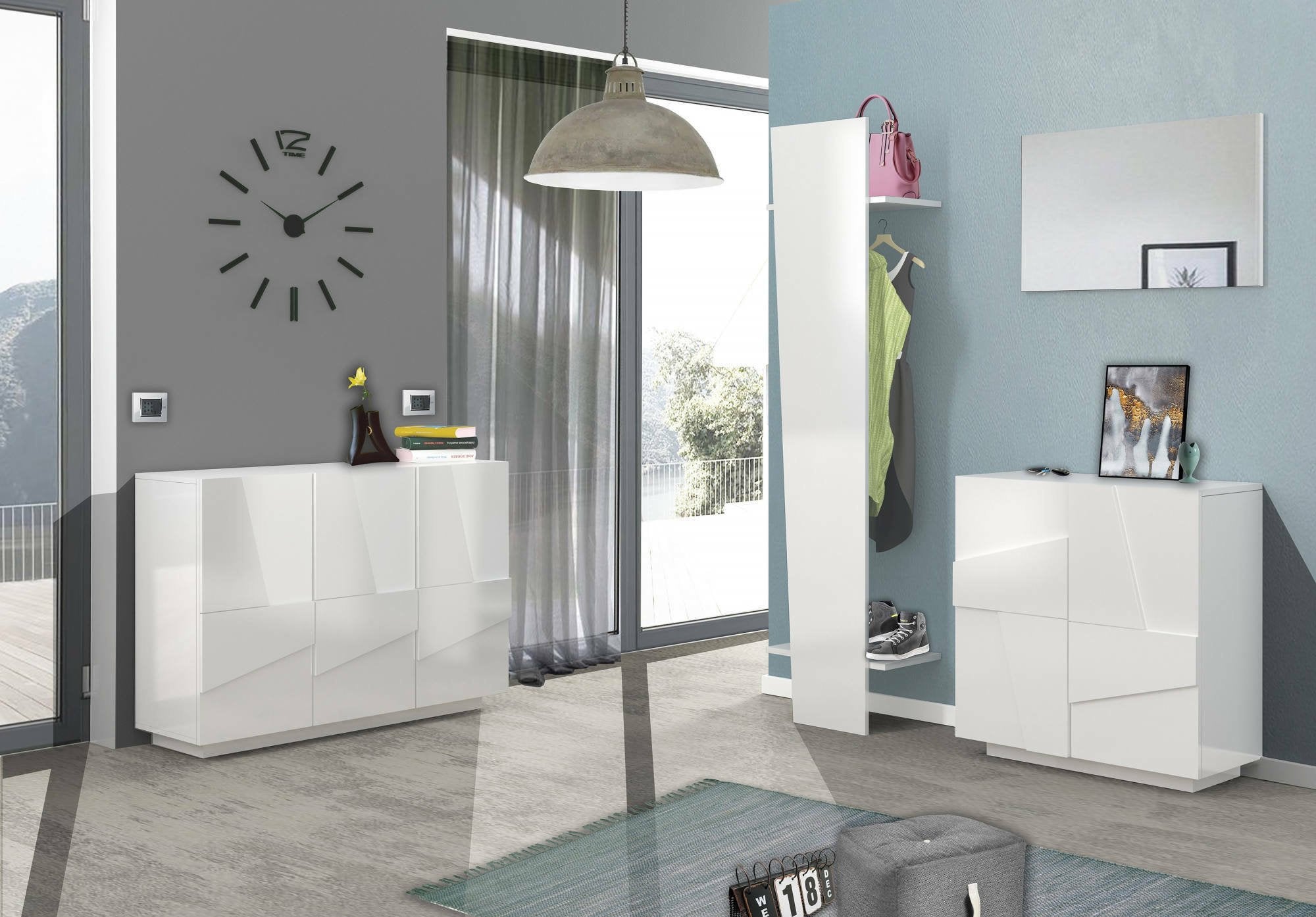Scarpiera Apetta, Made in Italy, a 2 ante, Portascarpe da ingresso, Mobile multiuso, cm 81x38h86, Bianco lucido con dettaglio