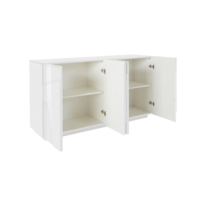 Credenza moderna a 4 Augusto, Made in Italy, Madia da cucina, Buffet di design da soggiorno, cm 162x44h86, Bianco lucido
