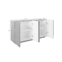 Credenza moderna a 4 Augusto, Made in Italy, Madia da cucina, Buffet di design da soggiorno, cm 162x44h86, Bianco lucido