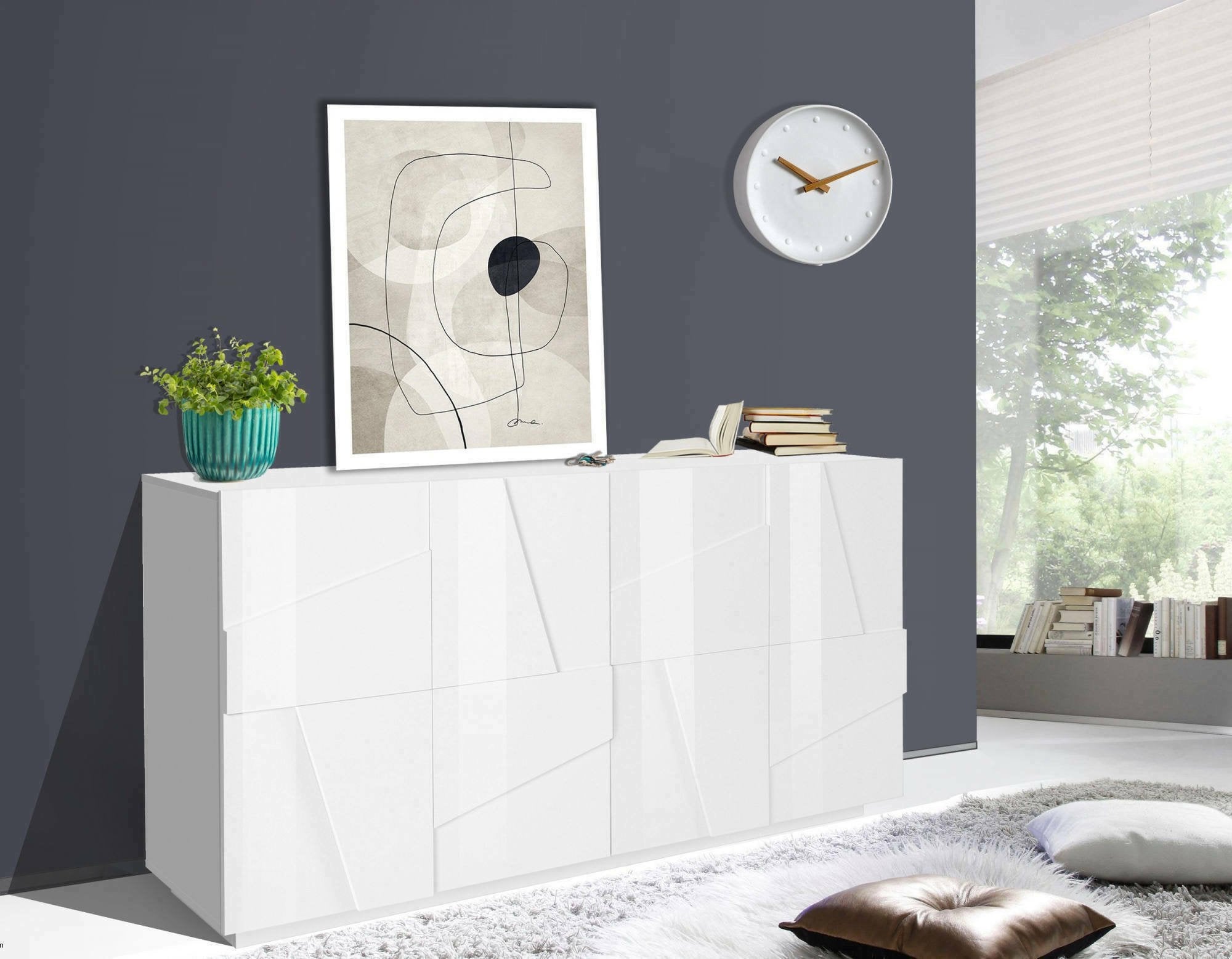 Credenza moderna a 4 Augusto, Made in Italy, Madia da cucina, Buffet di design da soggiorno, cm 162x44h86, Bianco lucido