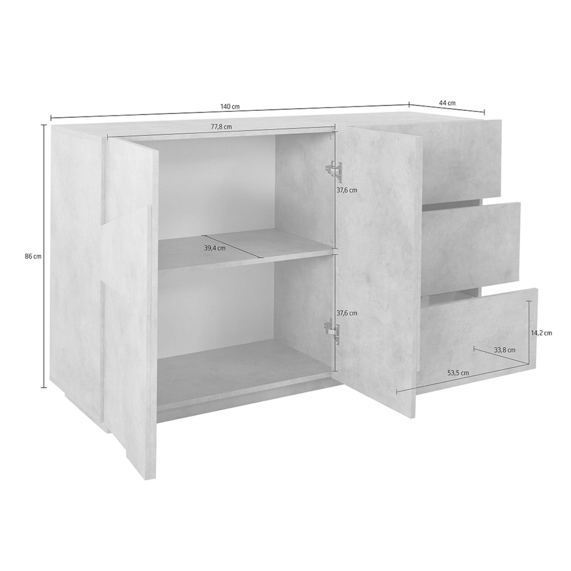 Credenza moderna a 2 ante e 3 Aydee, Made in Italy, Madia da cucina con dettaglio, Buffet di design da soggiorno, cm 143x44h86, Grigio Cenere