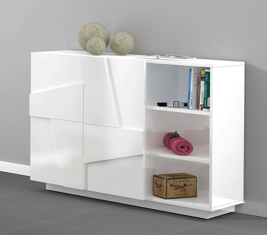 Mobile da ingresso a 2 ante e scaffali Acab, Made in Italy, Entratina moderna, Credenza per atrio, cm 121x38h86, Bianco lucido