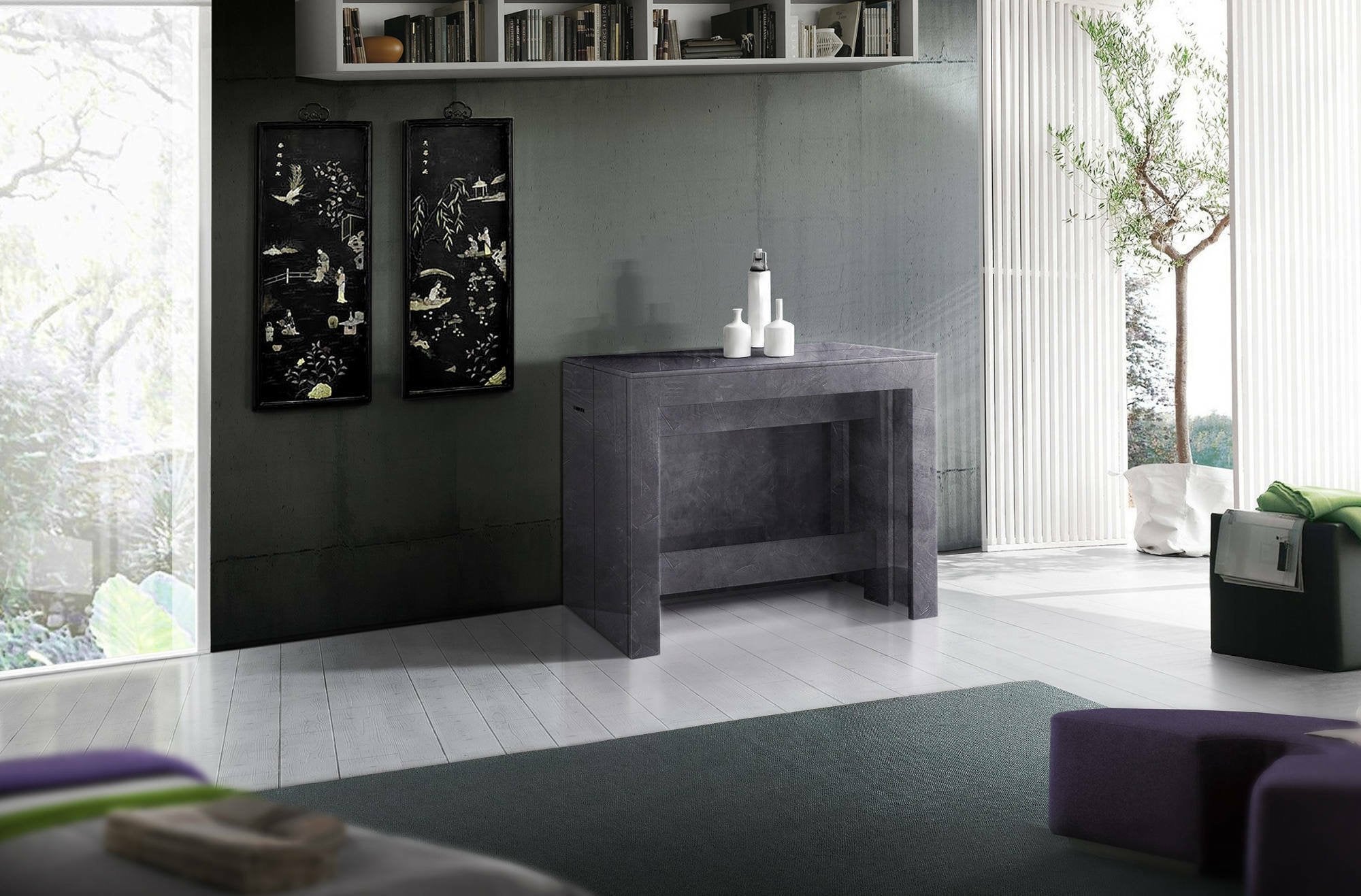 Tavolo da pranzo Anello, Made in Italy, Consolle allungabile fino a 12 posti, con portallunghe, cm 51/300x90h77, Grigio Ardesia