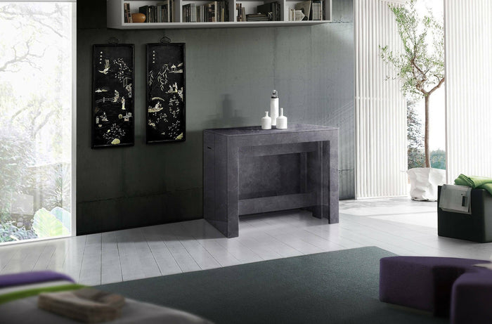 Tavolo da pranzo Anello, Made in Italy, Consolle allungabile fino a 12 posti, con portallunghe, cm 51/300x90h77, Grigio Ardesia