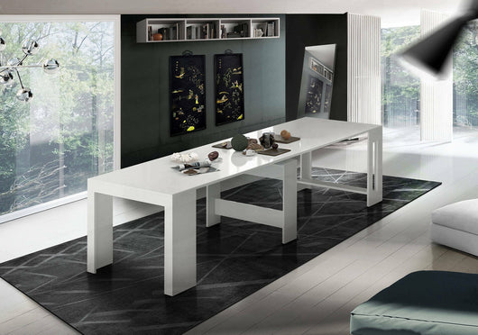 Tavolo da pranzo Anello, Made in Italy, Consolle allungabile fino a 12 posti, con portallunghe, cm 51/300x90h77 Bianco lucido