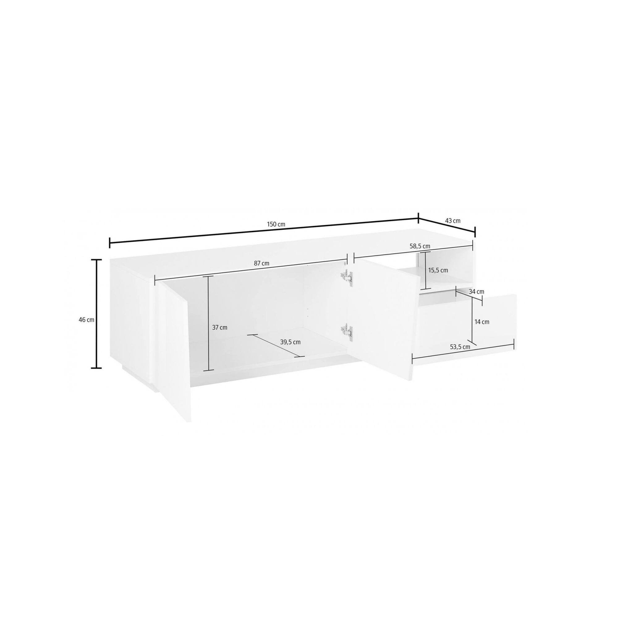 Mobile da soggiorno Porta Aiace, Made in Italy, Credenza per Aiace da salotto a 2 ante e 1 cassetto, cm 150x43h46, Bianco lucido