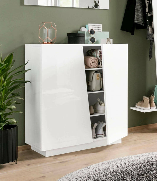 Scarpiera Apetta, Made in Italy, a 2 ante, Portascarpe da ingresso, Mobile multiuso, cm 80x38h86, Bianco lucido