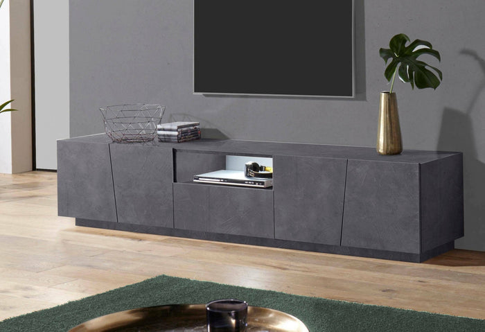 Mobile da soggiorno Porta Azzurras, Made in Italy, Credenza per Azzurras da salotto a 4 ante e 1 cassetto, cm 220x43h46, Grigio Ardesia, con luce LED bianca