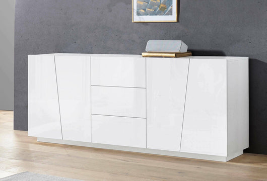 Credenza moderna a 4 ante e 3 Ayrton, Made in Italy, Madia da cucina, Buffet di design da soggiorno, cm 220x43h86, Bianco lucido