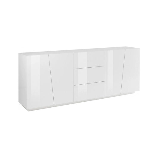 Credenza moderna a 4 ante e 3 Ayrton, Made in Italy, Madia da cucina, Buffet di design da soggiorno, cm 220x43h86, Bianco lucido