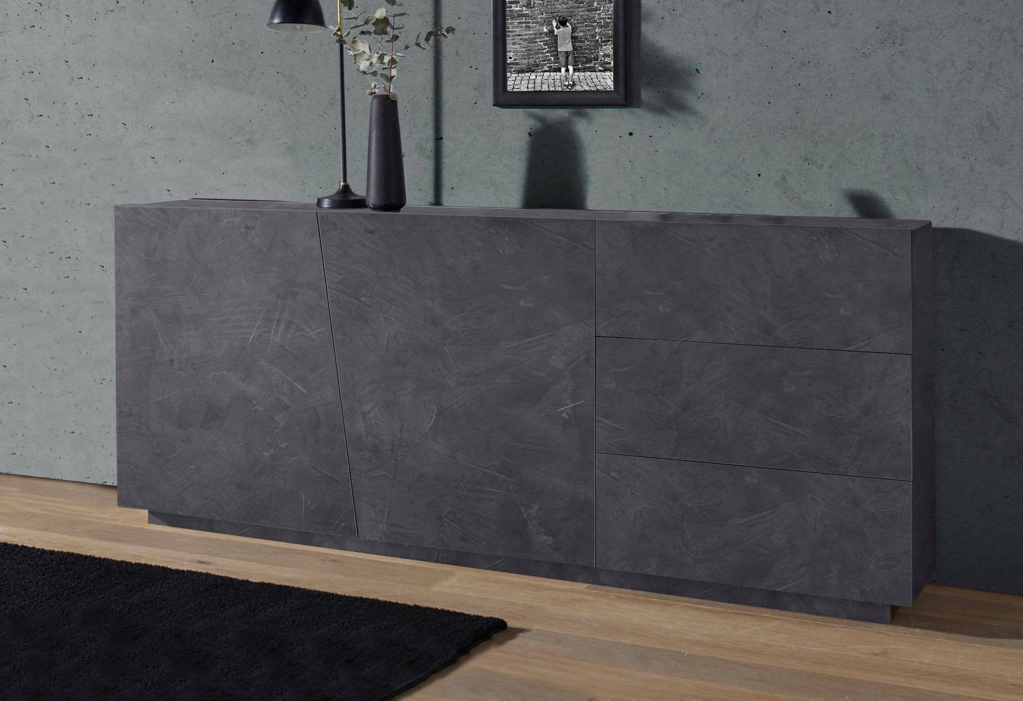 Credenza moderna a 2 ante e 3 Ariet, Made in Italy, Madia da cucina, Buffet di design da soggiorno, cm 180x43h86, Grigio Ardesia