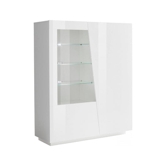 Vetrina moderna con anta a Ask, Made in Italy, Credenza con luce LED bianca, Vetrinetta da soggiorno, cm 120x43h146, Bianco lucido