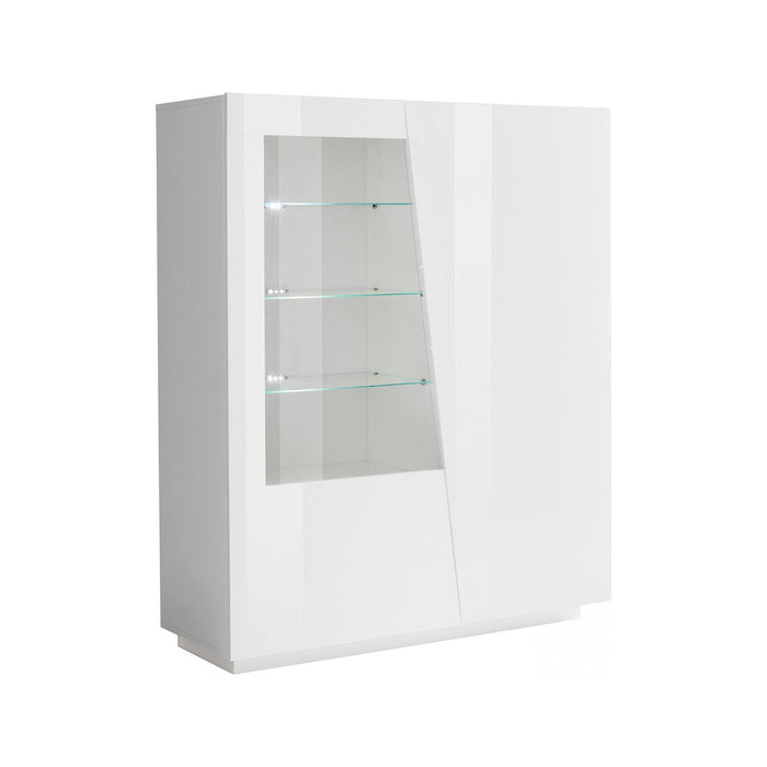 Vetrina moderna con anta a Ask, Made in Italy, Credenza con luce LED bianca, Vetrinetta da soggiorno, cm 120x43h146, Bianco lucido
