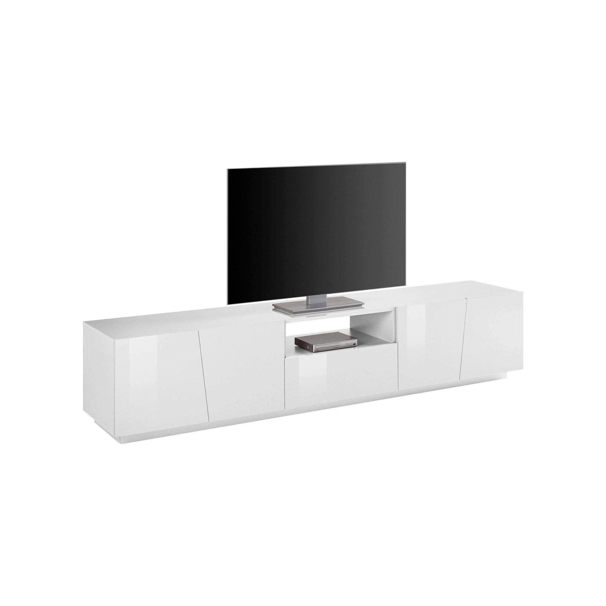 Mobile da soggiorno Porta Azzurras, Made in Italy, Credenza per Azzurras da salotto a 4 ante e 1 cassetto, cm 220x43h46, Bianco lucido, con luce LED bianca