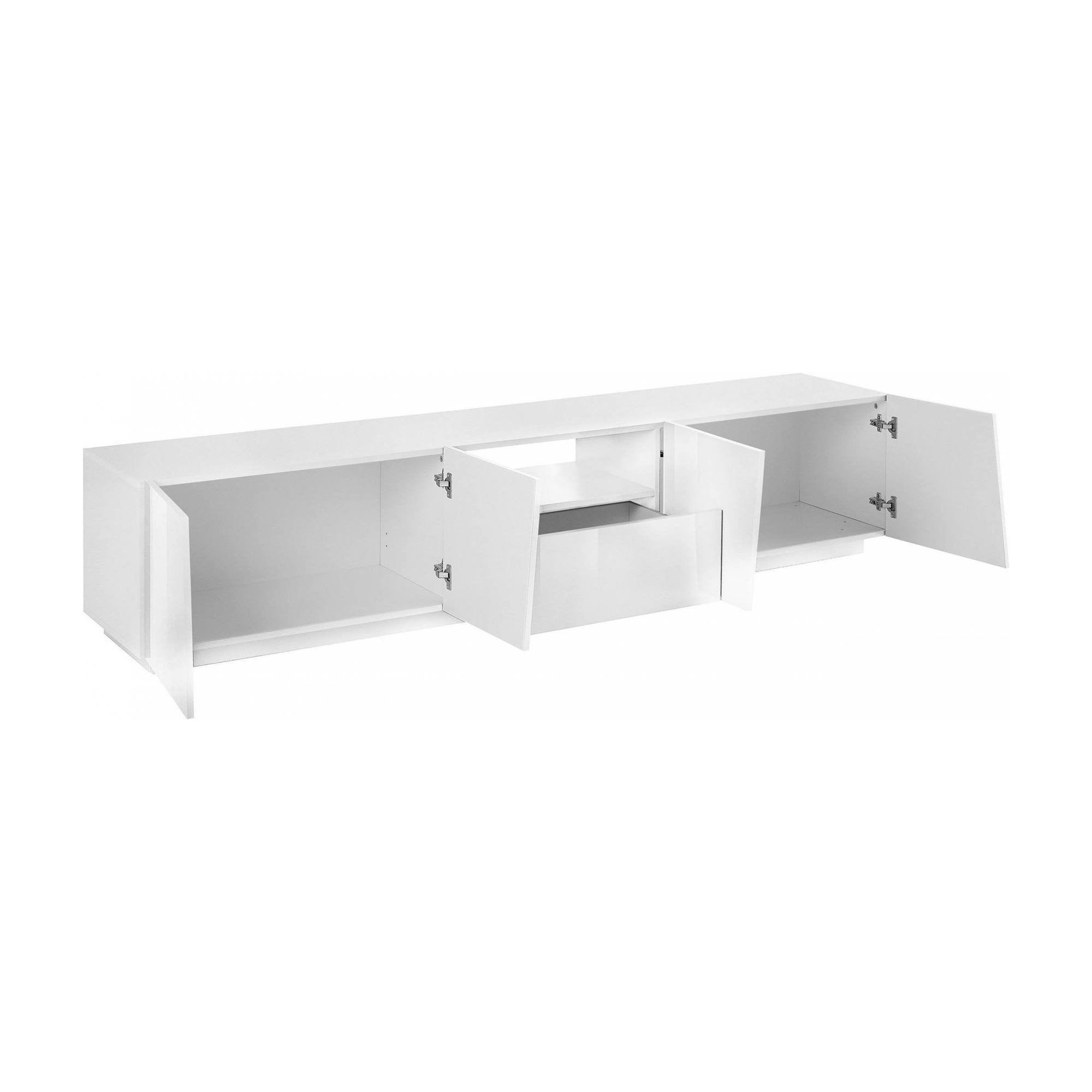 Mobile da soggiorno Porta Azzurras, Made in Italy, Credenza per Azzurras da salotto a 4 ante e 1 cassetto, cm 220x43h46, Bianco lucido, con luce LED bianca