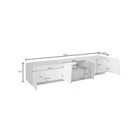 Mobile da soggiorno Porta Azzurras, Made in Italy, Credenza per Azzurras da salotto a 4 ante e 1 cassetto, cm 220x43h46, Bianco lucido, con luce LED bianca