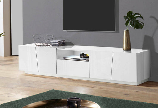 Mobile da soggiorno Porta Azzurras, Made in Italy, Credenza per Azzurras da salotto a 4 ante e 1 cassetto, cm 220x43h46, Bianco lucido, con luce LED bianca