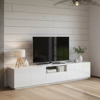 Mobile da soggiorno Porta Azzurras, Made in Italy, Credenza per Azzurras da salotto a 4 ante e 1 cassetto, cm 220x43h46, Bianco lucido, con luce LED bianca