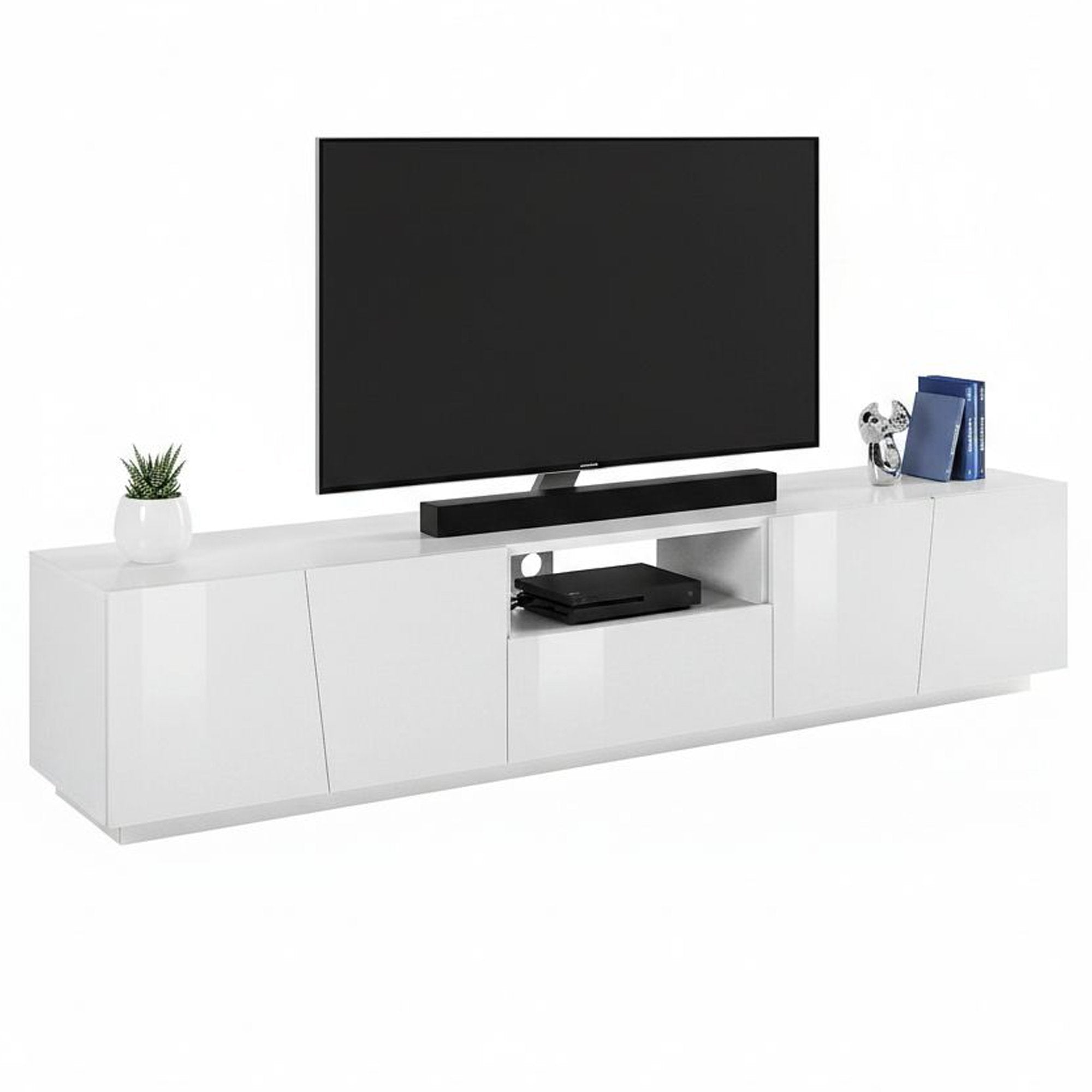 Mobile da soggiorno Porta Azzurras, Made in Italy, Credenza per Azzurras da salotto a 4 ante e 1 cassetto, cm 220x43h46, Bianco lucido, con luce LED bianca