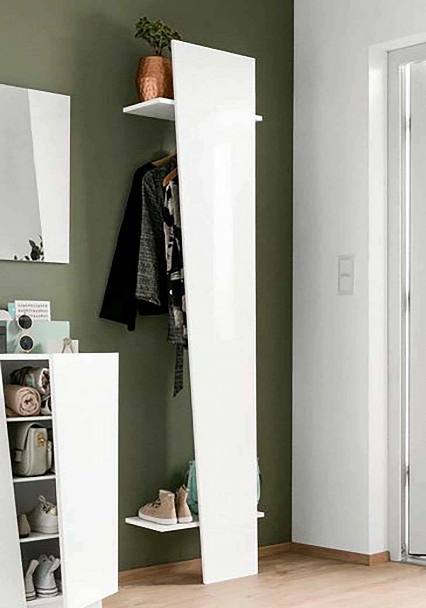 Appendiabiti Allinko, Made in Italy, tubo per vestiti e 2 ripiani, Mobile ingresso, Entratina moderna, cm 50x30h200, Bianco lucido