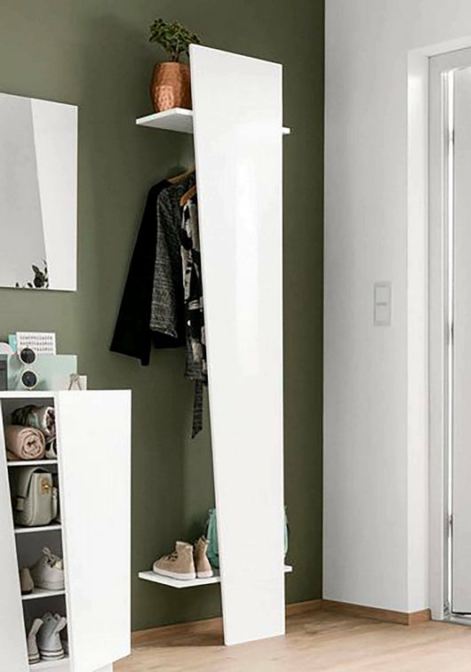 Appendiabiti Allinko, Made in Italy, tubo per vestiti e 2 ripiani, Mobile ingresso, Entratina moderna, cm 50x30h200, Bianco lucido