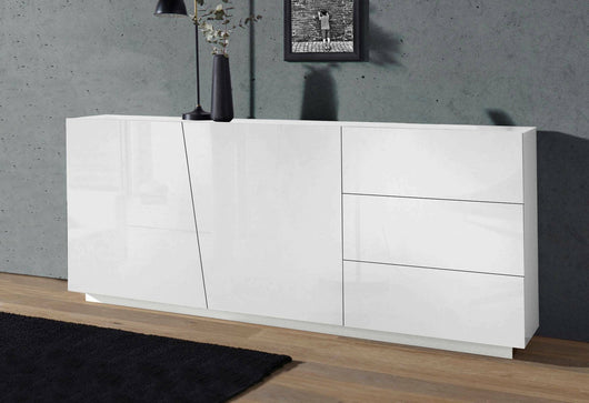 Credenza moderna a 2 ante e 3 Ariet, Made in Italy, Madia da cucina, Buffet di design da soggiorno, cm 180x43h86, Bianco lucido