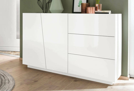 Credenza moderna a 2 ante e 3 Favonio, Made in Italy, Madia da cucina, Buffet di design da soggiorno, cm 141x43h86, Bianco lucido