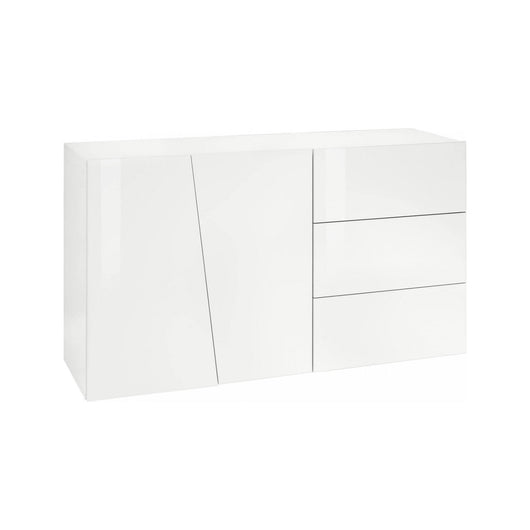 Credenza moderna a 2 ante e 3 Favonio, Made in Italy, Madia da cucina, Buffet di design da soggiorno, cm 141x43h86, Bianco lucido