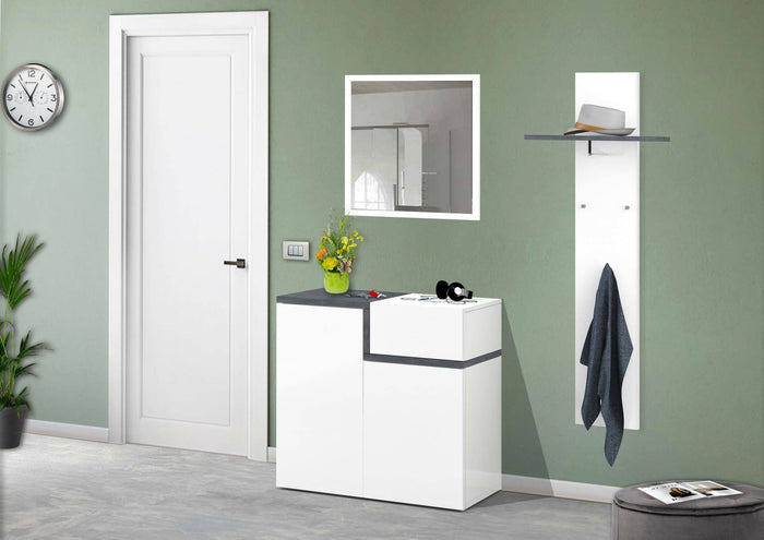Scarpiera Morfeo, Made in Italy, a 2 ante e 1 anta a ribalta, Portascarpe da ingresso, Mobile multiuso, cm 80x40h80, Bianco lucido e Grigio Ardesia