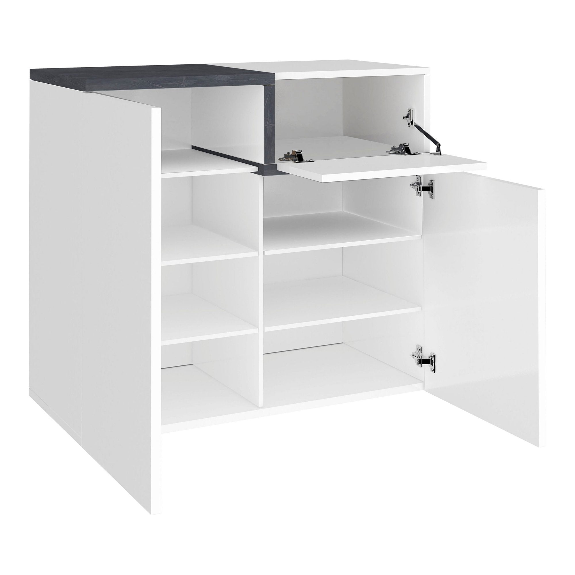 Scarpiera Morfeo, Made in Italy, a 2 ante e 1 anta a ribalta, Portascarpe da ingresso, Mobile multiuso, cm 80x40h80, Bianco lucido e Grigio Ardesia