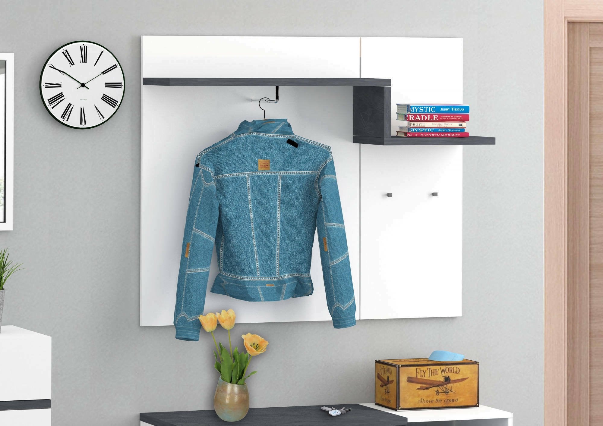 Mobile appendiabiti da Mugello, Made in Italy, con ganci e tubo per appendini, Entratina moderna, cm 120x30h100, Bianco lucido e Grigio Ardesia