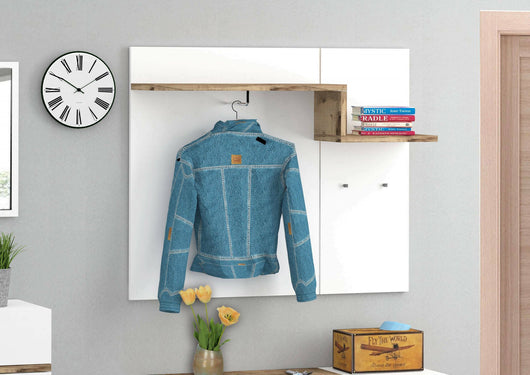 Mobile appendiabiti da Mugello, Made in Italy, con ganci e tubo per appendini, Entratina moderna, cm 120x30h100, Bianco lucido e Acero