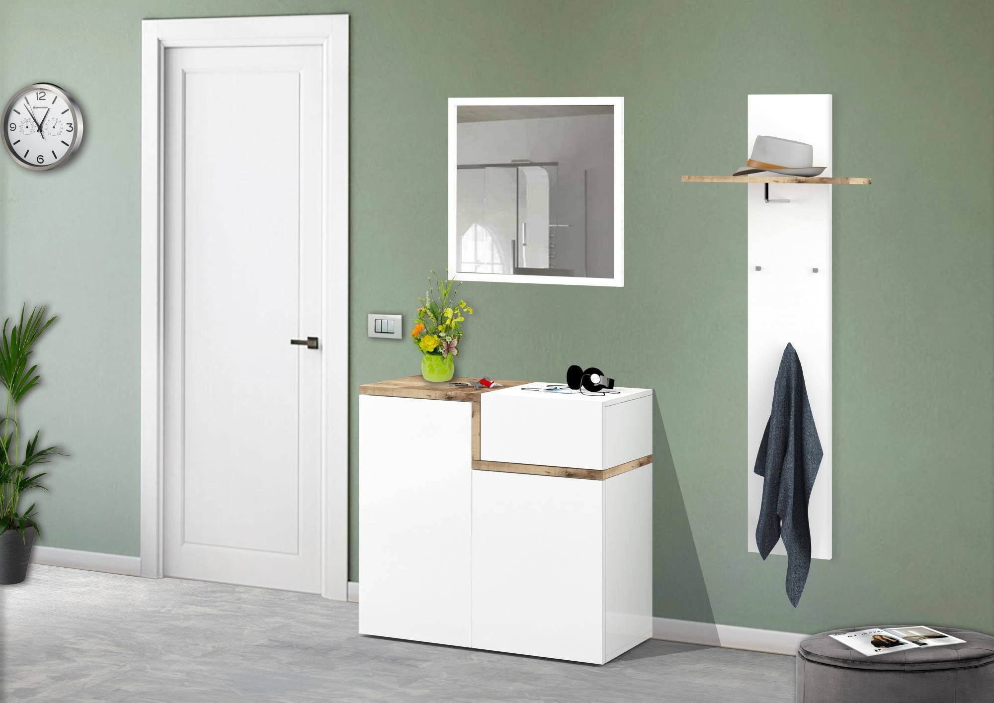 Scarpiera Morfeo, Made in Italy, a 2 ante e 1 anta a ribalta, Portascarpe da ingresso, Mobile multiuso, cm 80x40h80, Bianco lucido e Acero