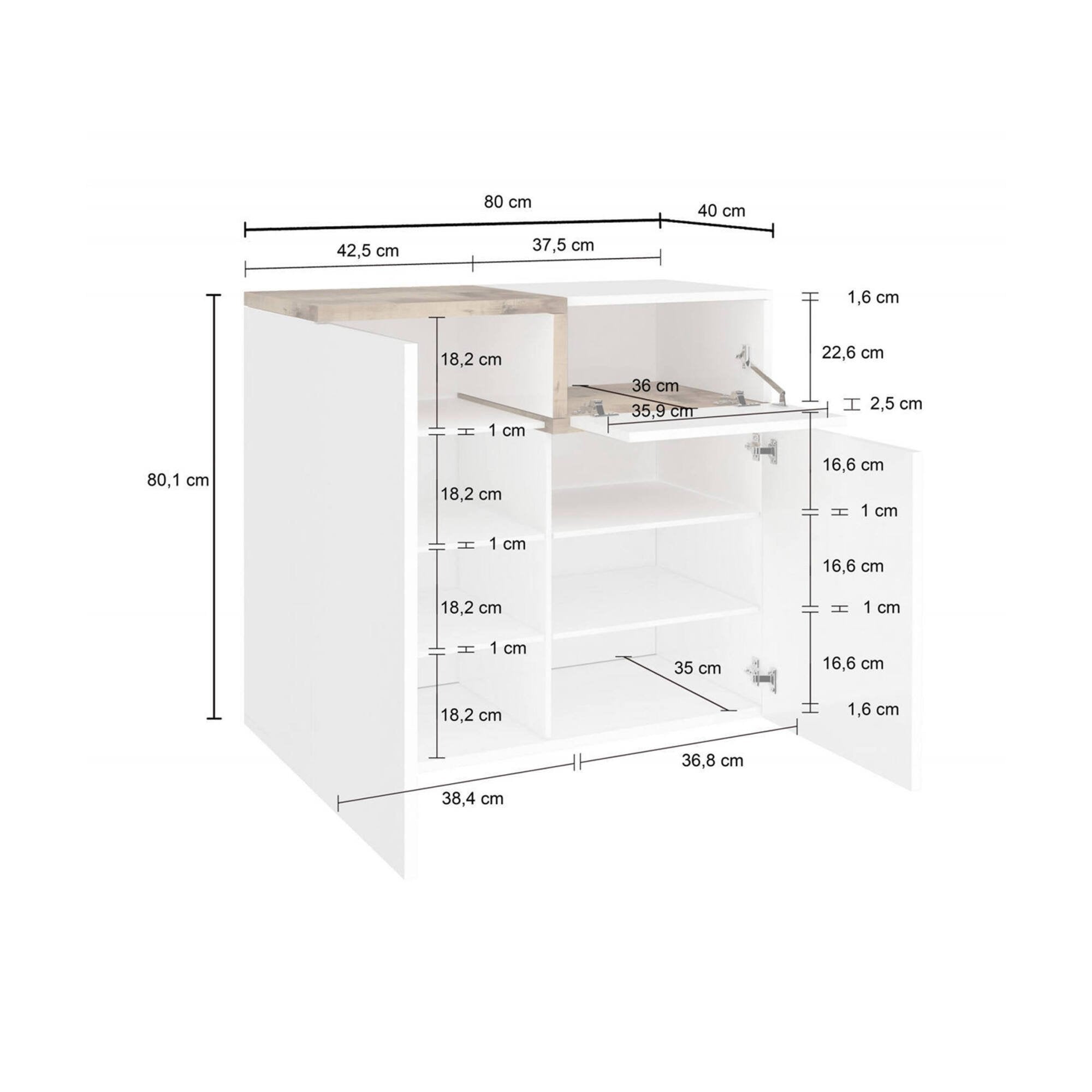 Scarpiera Morfeo, Made in Italy, a 2 ante e 1 anta a ribalta, Portascarpe da ingresso, Mobile multiuso, cm 80x40h80, Bianco lucido e Acero