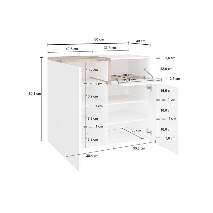 Scarpiera Morfeo, Made in Italy, a 2 ante e 1 anta a ribalta, Portascarpe da ingresso, Mobile multiuso, cm 80x40h80, Bianco lucido e Acero