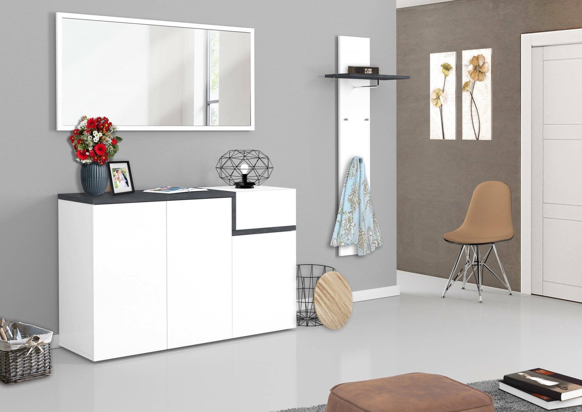 Scarpiera Anist, Made in Italy, 3 ante e 1 anta a ribalta, Mobile Portascarpe da ingresso, cm 120x40h80, Bianco lucido e Grigio Ardesia