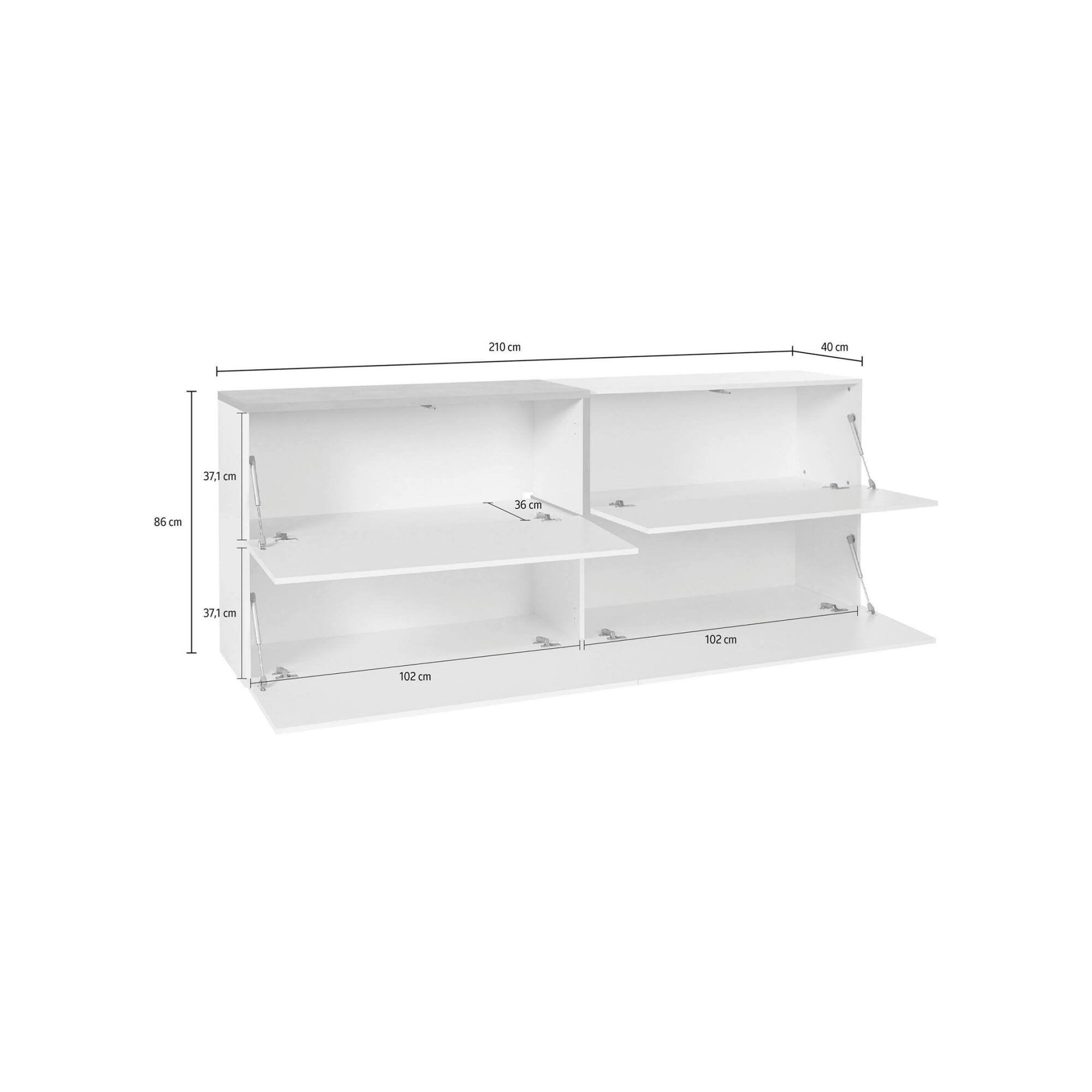 Credenza moderna a 3 Anubi, Made in Italy, Madia da cucina, Buffet di design da soggiorno, cm 210x40h80, Bianco lucido e Grigio Ardesia