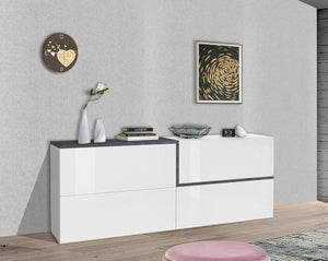 Credenza moderna a 3 Anubi, Made in Italy, Madia da cucina, Buffet di design da soggiorno, cm 210x40h80, Bianco lucido e Grigio Ardesia
